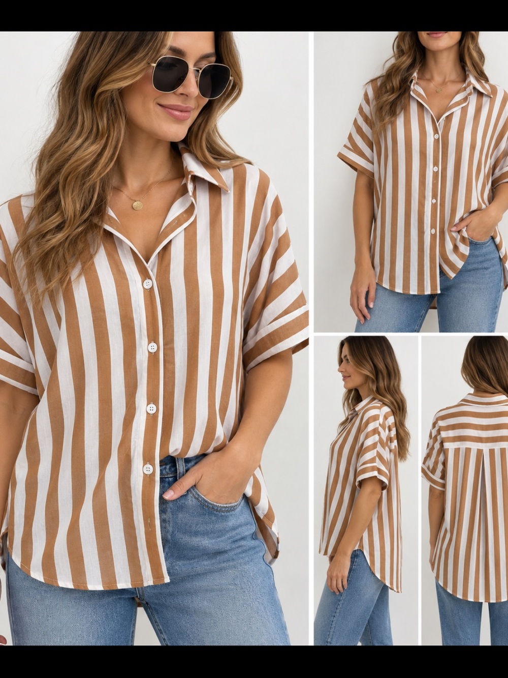 Women’s Large Brown White Striped Button Down Shirt Oversized Hi Low